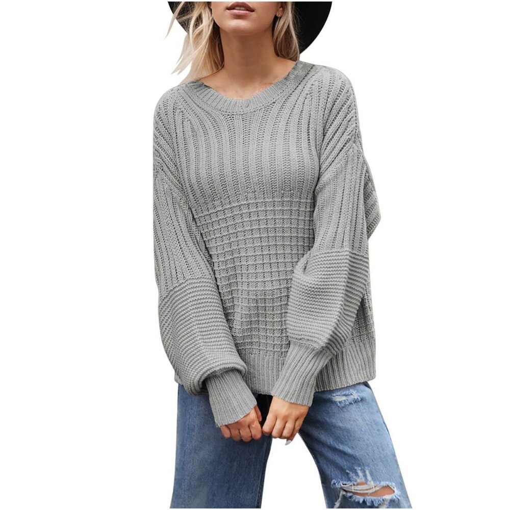 Gray Oversized Knit Sweater Ribbed Womens Size Large Chunky Casual Comfy NEW